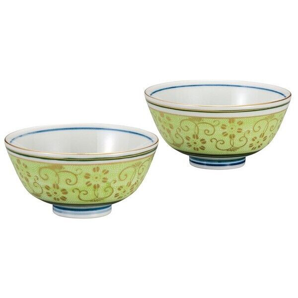 Kutani yaki ware Japanese Rice bowl set of 2 GohanShirochibu light green Japan