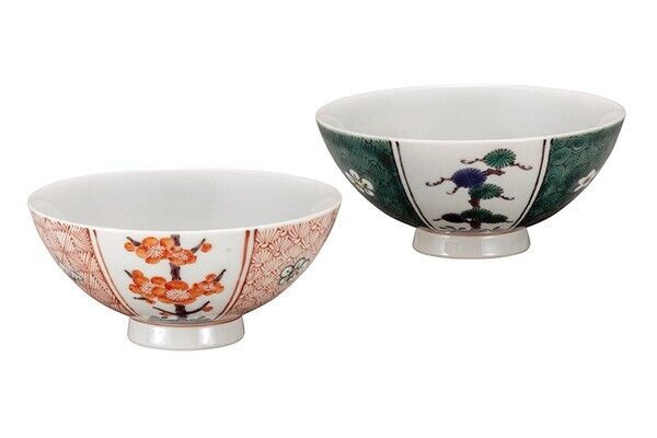 Kutani yaki ware Japanese Rice bowl set of 2 GohanSho chiku bai Ginsen kiln