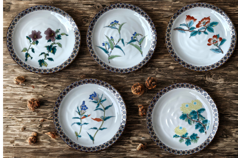 Kutani yaki ware Japanese sarving plate dish set of 5 Kinran Komon 5flower Japan