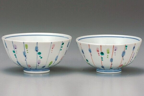 Kutani yaki ware Japanese Rice bowl set of 2 GohanIrodori Tokusa Stripe Japan