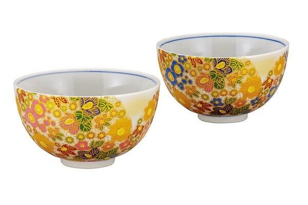 Kutani yaki ware Japanese Rice bowl set of 2 Hanatsume Flower Japan