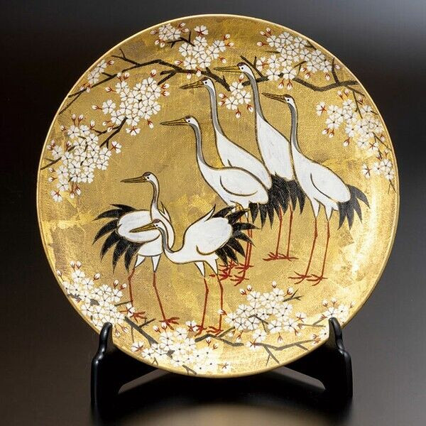 Kutani ware Cikuryu Kitamura Takashi Decorative plate Kinpaku Gold foil Crane