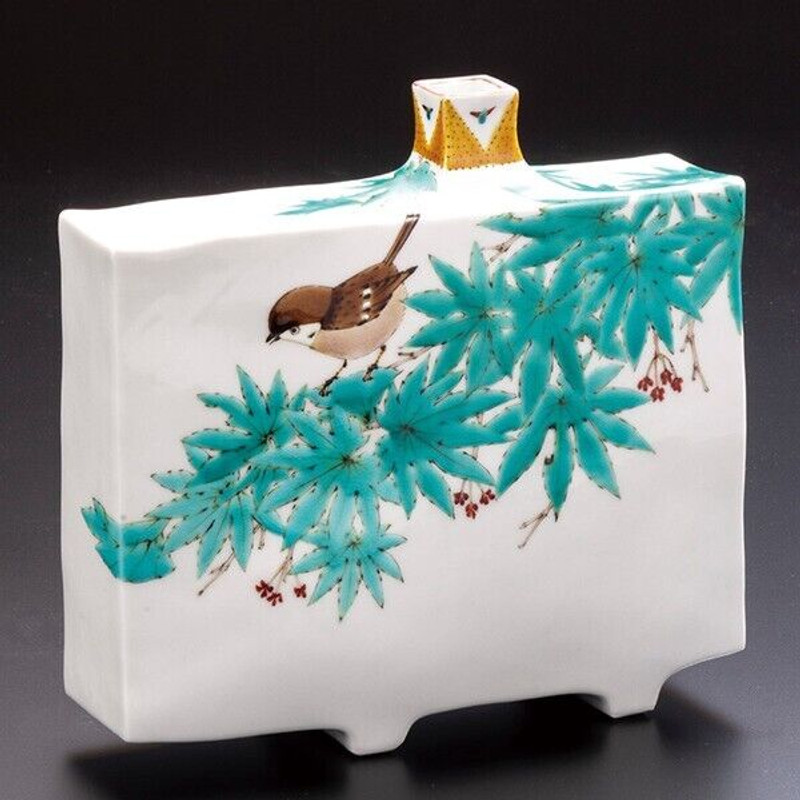 Kutani ware porcelain Yamada Yoshiaki Flower pot Maple and Tree sparrow