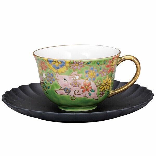 Kutani ware Japanese Cofee Tea cup Saucer Yamankalacquer ware Piglet green Japan
