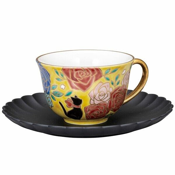 Kutani ware Japanese Cofee Tea cup Saucer Yamankalacquer ware Black Cat Yellow