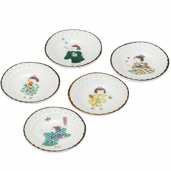 Kutani yaki ware Japanese Small Sauce plate set of 5 Warabe Children Japan