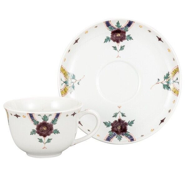 Kutani yaki ware Japanese Coffee Tea cup and saucer Peony Pattern Ginsen Kiln