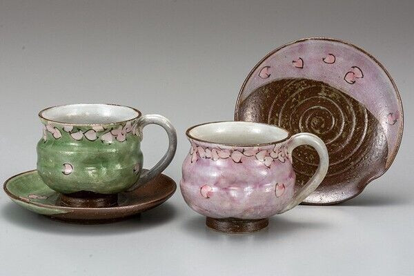 Kutani yaki ware Japanese Coffee cup and saucer set of 2Sakura HigashiTakako
