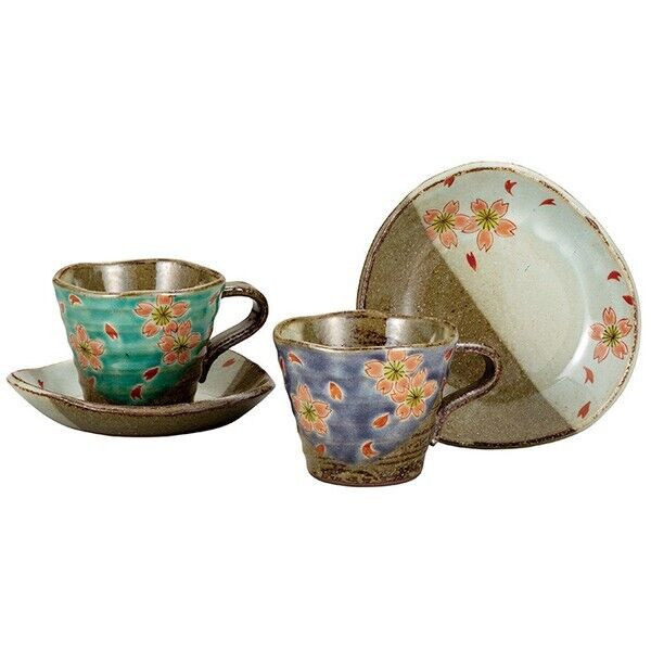Kutani yaki ware Japanese Coffee cup and saucer set of 2 SAKURA Kinuyo Okada
