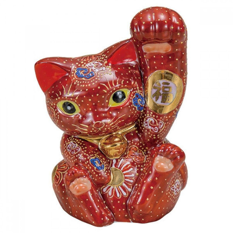 Maneki neko Kutani porcelain yaki Japanese lucky cat Red Aka Mori H13.5cm