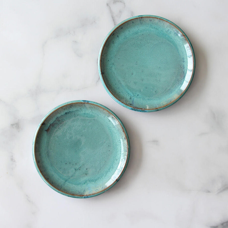 Hagi ware Japanese pottery plate set of 2 Japan Stella Green glaze Handcraft