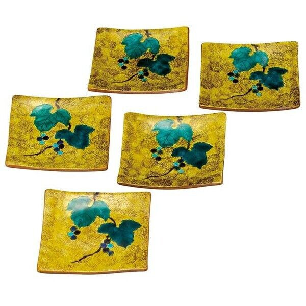 Kutani yaki ware Japanese Plate Dish set of 5Square Yoshida-ya Wild grape