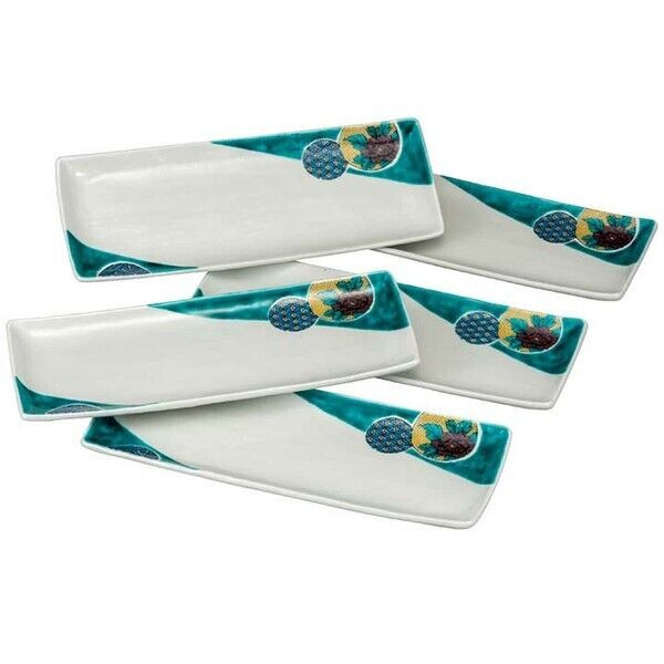 Kutani yaki ware Japanese long Plate Dish set of 5 Green Marumon 12.59in Japan