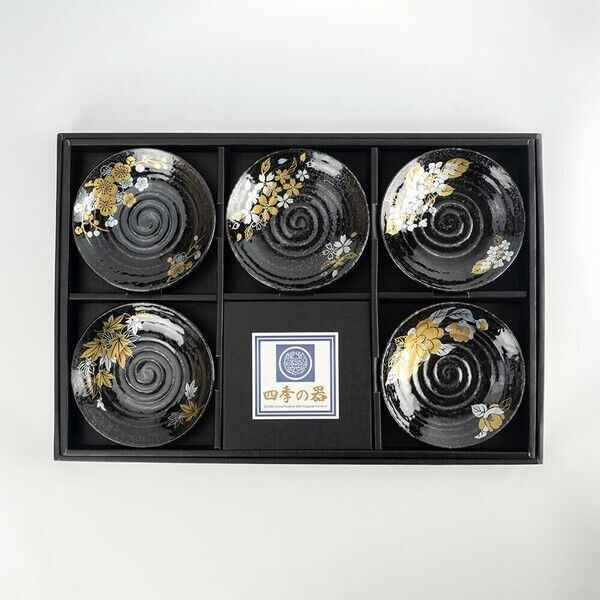 Mino ware Japanese sarving plate set of 5 Four seasons in Japan 5.11in Black