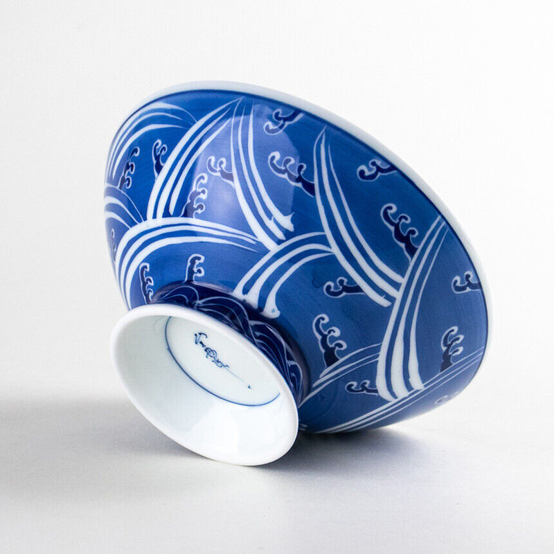 Arita ware Gohan Chawan Japanese Rice bowl Lirge size Blue sea White wave Japan