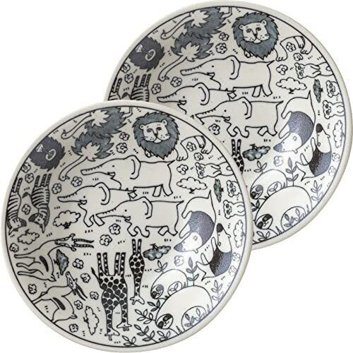 Mino ware pottery Round plate bowl set of 2 Grassland Animal encyclopedia