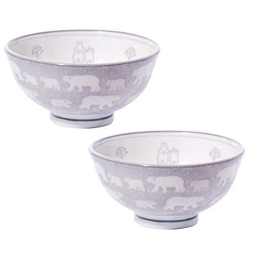 Pair Mino ware pottery White bear Polar Bear Rice bowl Gohan chawan Gray