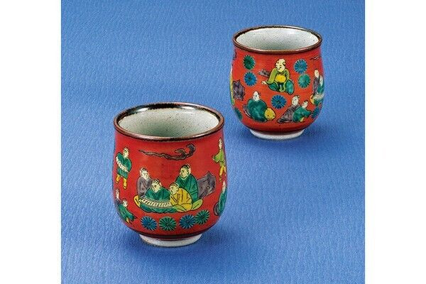 Pair Yunomi Kutani yaki ware Japanese green tea cup set Mokubei style Red Japan