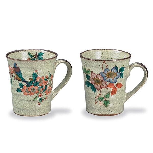 Pair Kutani yaki ware Japanese porcelain Mug Coffee Tea Cup Iro-e Flower Bird