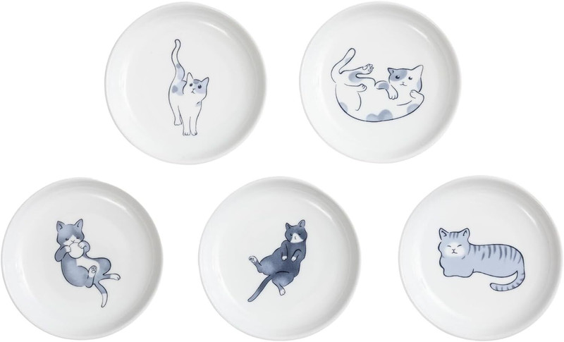 Cute Cats plate,Japense dish Mino ware,Blue,Sushi Soy source dish set of 5