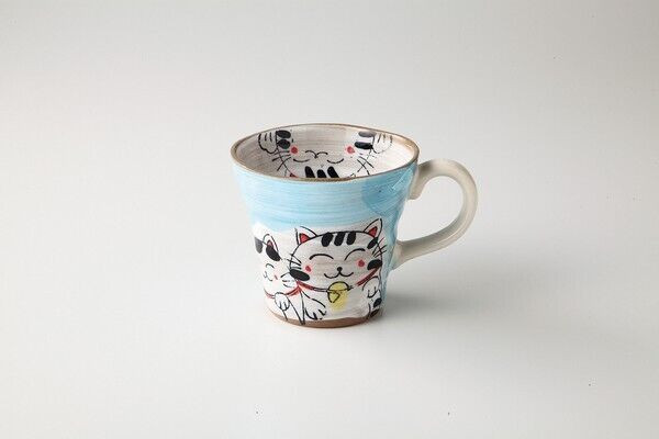 Mino yaki ware Japanese pottery Mug Tea cup handpainted Tama Neko Cat Blue Japan