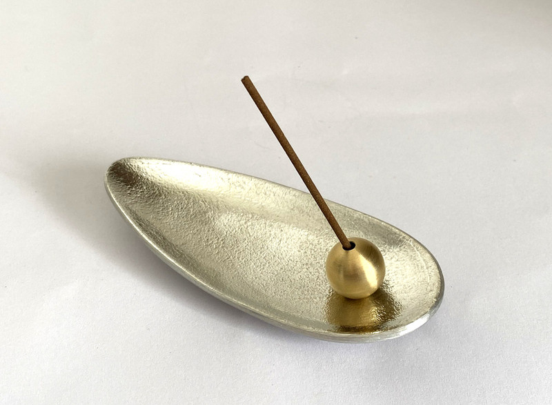 Nousaku Japanese Tin incense stand set bamboo leaf pattern from japan