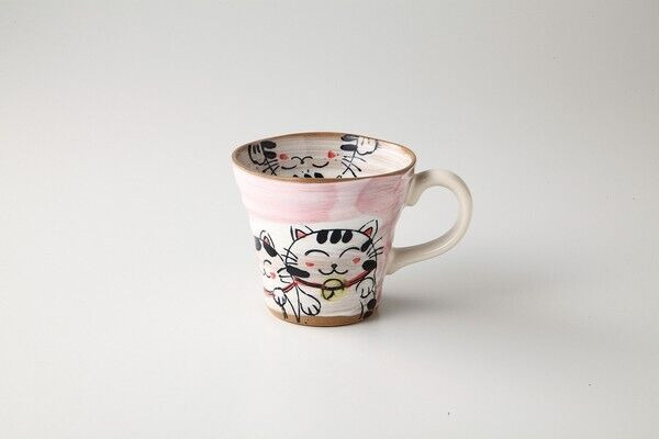 Mino yaki ware Japanese pottery Mug Tea cup handpainted Tama Neko Cat Pink Japan