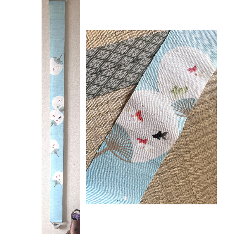 Kyoto Tapestry Wall Hanging Handpainted LinenUchiwa fan Goldfish Japan Summer
