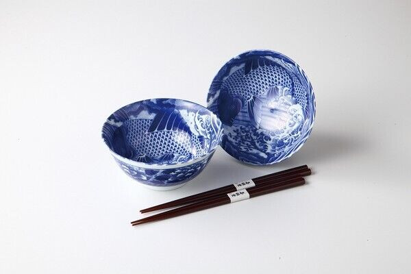 Mino ware Donburi Japanese Rice bowl Chopsticks set Carp Koi pattern Japan