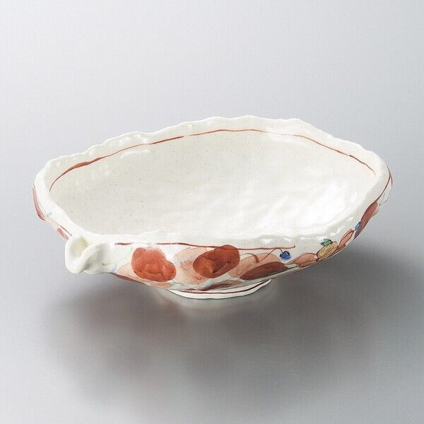 Hachi Mino ware Japanese Oval sarving bowl Katakuchi shape Aka-e leaves Japan