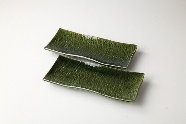 Pair Mino ware Japanese Long plate Sashimi Sushi set of 2 Oribe Green Japan