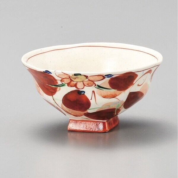 Mino ware Japanese Rice Bowl Gohan Chawan Aka-e Red glaze, Wooden Leaf Beach