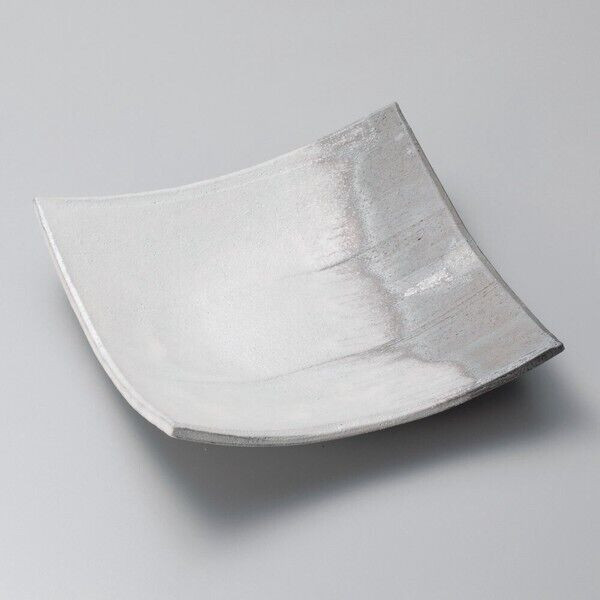 Mino ware Japanese Cuisine Gray Glaze, Sometsuki, Curved Large Square Plate