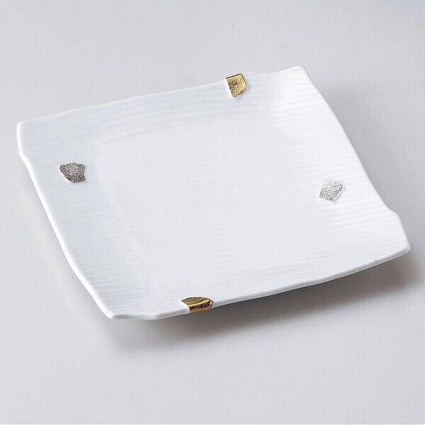 Mino ware Japanese Cuisine Gold Silver Decor Tobishi Square White Plate Japan