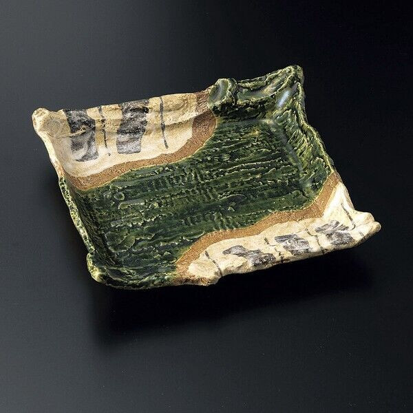 Mino ware Japanese Cuisine Oribe Tokusa stripe Sogi Square Irregular Plate Japan