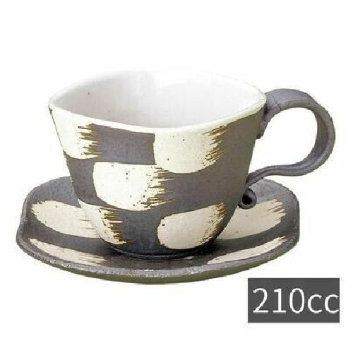 Coffee Cup & Saucer - Square Black Lattice Design 210ml  Mino ware Made in Japan