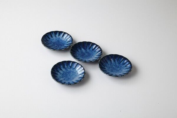 Chrysanthemum-Shaped Kiln-Glazed Navy Small Plate Set of 4 Mino Ware Japan