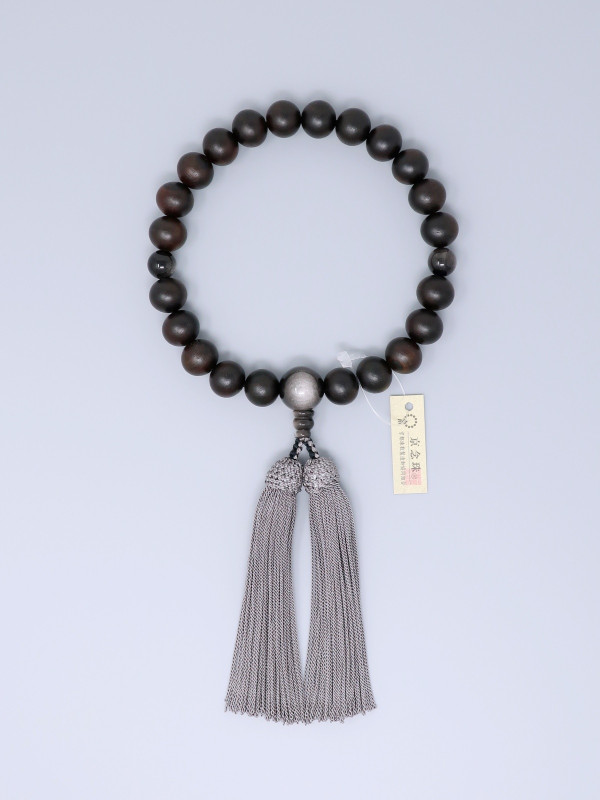 Striped Ebony 22-Bead Juzu Silver Obsidian & Gray-Brown Silk Tassel Kyoto Japan