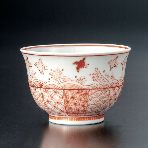 Kutani ware Japan Reiko Fukushima Sake Cup: Akae Fine Linework, Wave & Plovers