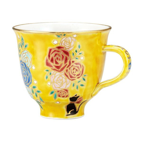Kutani ware Japan Bizan Kiln Hana-Kirari  Tea cupBlack cat Neko Yellow