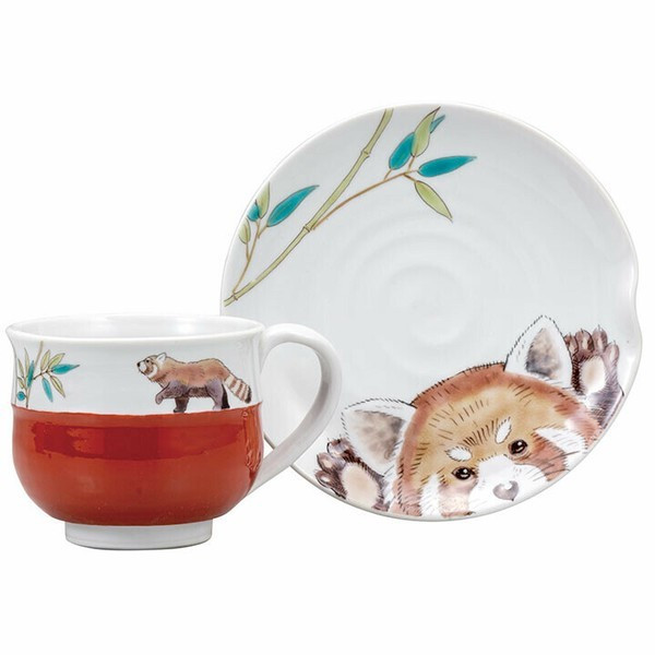 Kutani ware Japan Hideaki KatsumataRed Panda Cup and saucer Handcraft