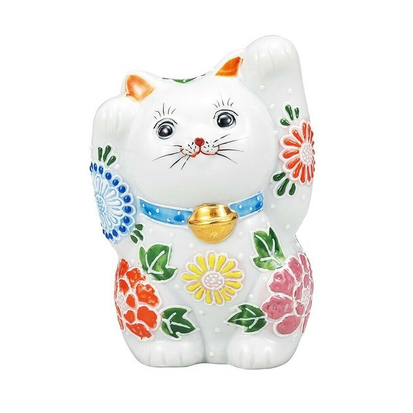 Maneki neko Kutani ware Japanese Lucky cat Double-Pawed Flower Garden 4.7in