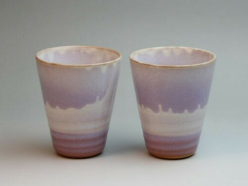 Hagi yaki pottery Japanese Pair Beer cup tumbler Rhythm Purple glaze set of 2