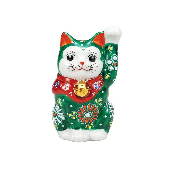 Maneki neko Kutani ware Japanese Lucky cat Green mori (Raised) Left hand 3.5in