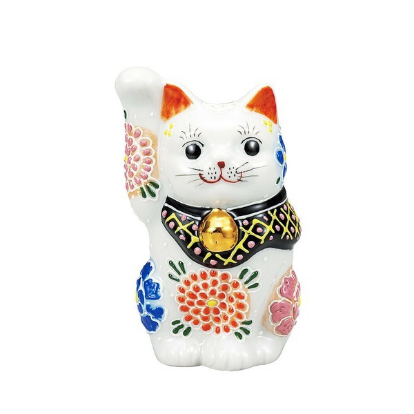 Maneki neko Kutani ware Japanese Lucky cat Mori Large Flower Motif 4.5in Japan