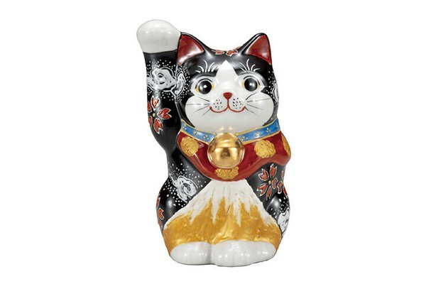 Maneki neko Kutani ware Japanese Lucky cat Golden Mt. Fuji Japan Black glaze 5.7
