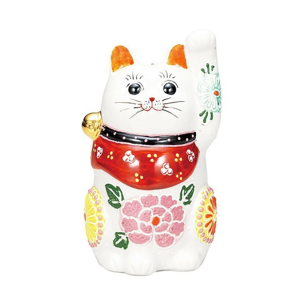 Maneki neko Kutani ware Japanese Lucky cat Floral Banquet 5.5 in Japan White