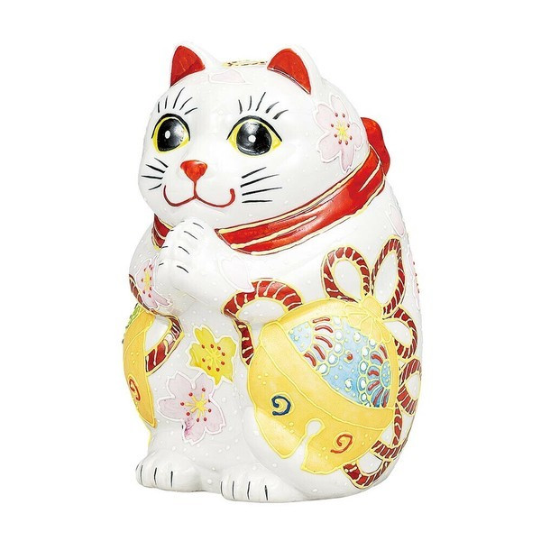 Maneki neko Kutani ware Japanese Lucky cat Wishful Onegai-cat Bell pattern Japan