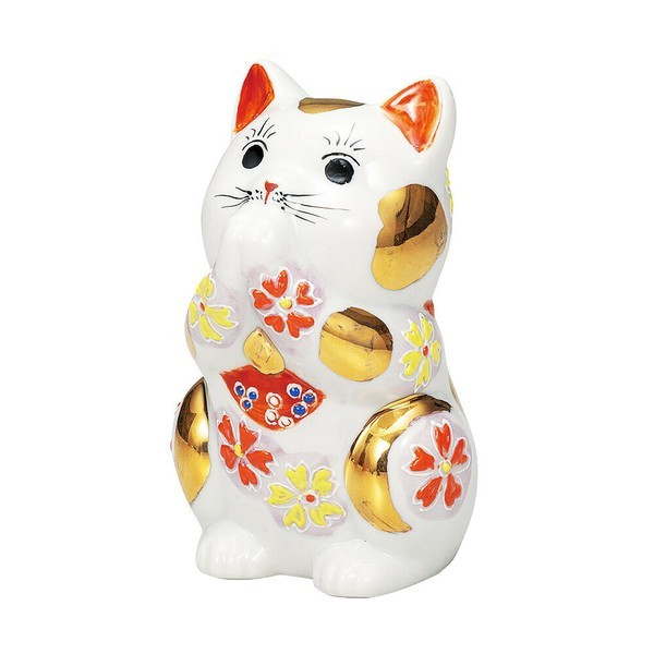 Maneki neko Kutani ware Japanese Lucky cat Praying Cat Gold Rim Raised 4.4in