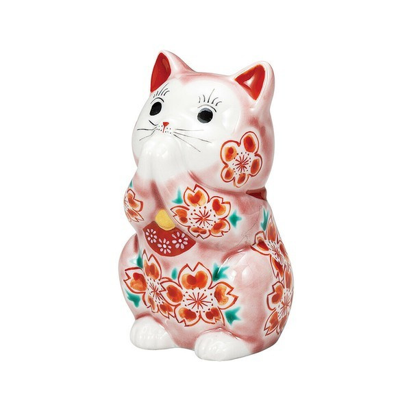 Maneki neko Kutani ware Japanese Lucky cat Praying Cat Pink Cherryblossom 3.7in